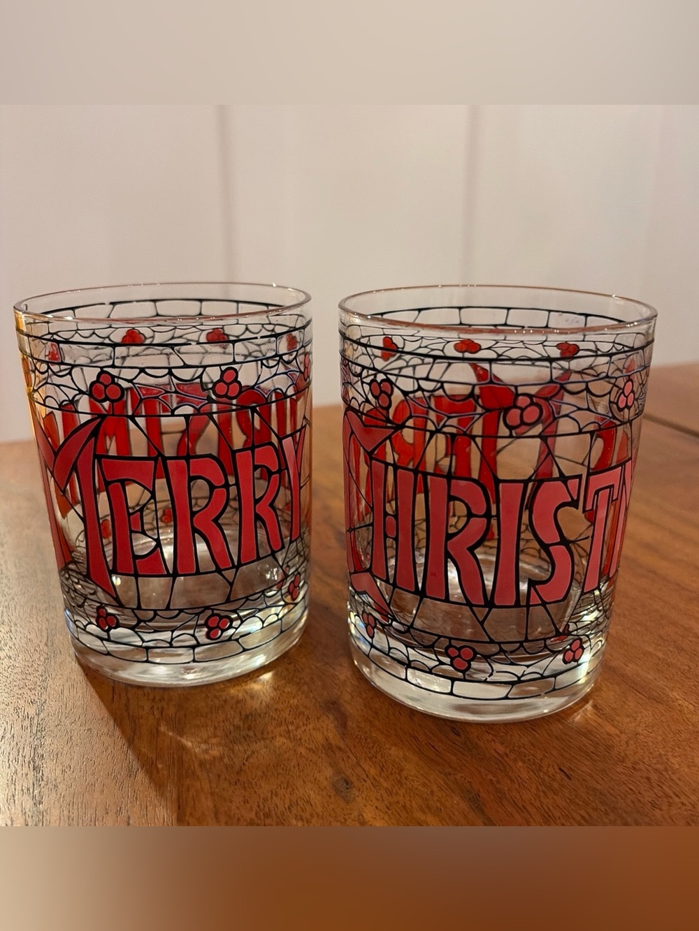 TWO Vintage Cera Merry Christmas Faux Stained Glass Lowball Cocktail Tumblers